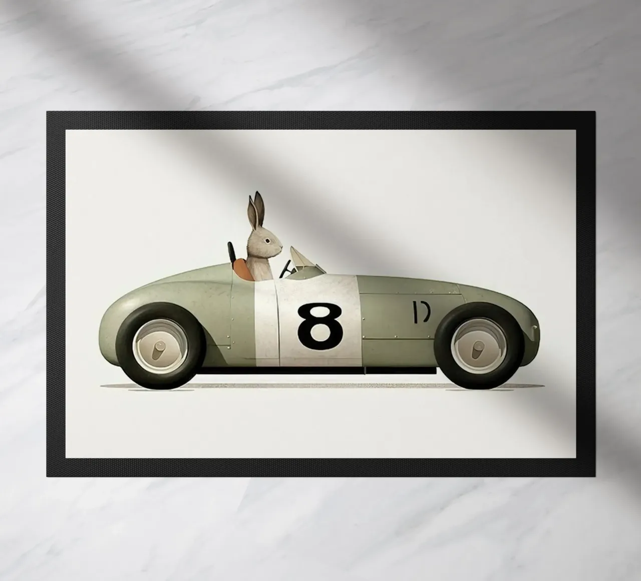 Coniglio in auto giocattolo zerbino da Emil Art Studio