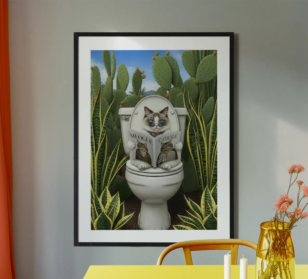 Cat Reading Magazine on Toilet poster with aluminum frame by Attaboy Dsgn