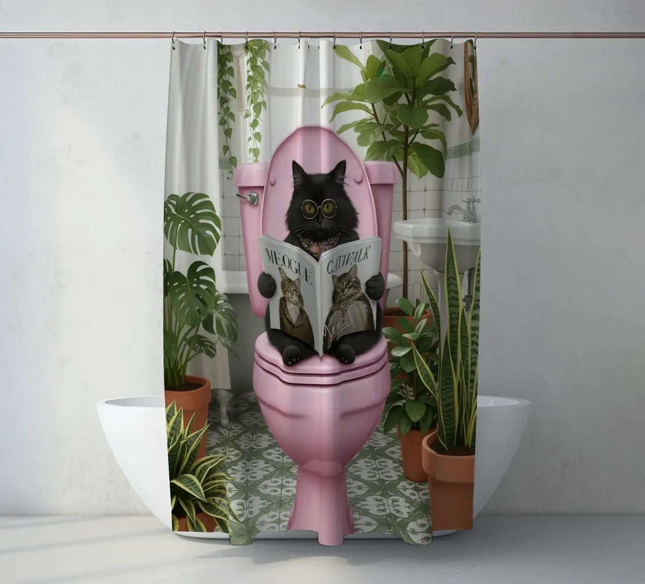 Cat Reading Magazine on Toilet shower curtain by Attaboy Dsgn