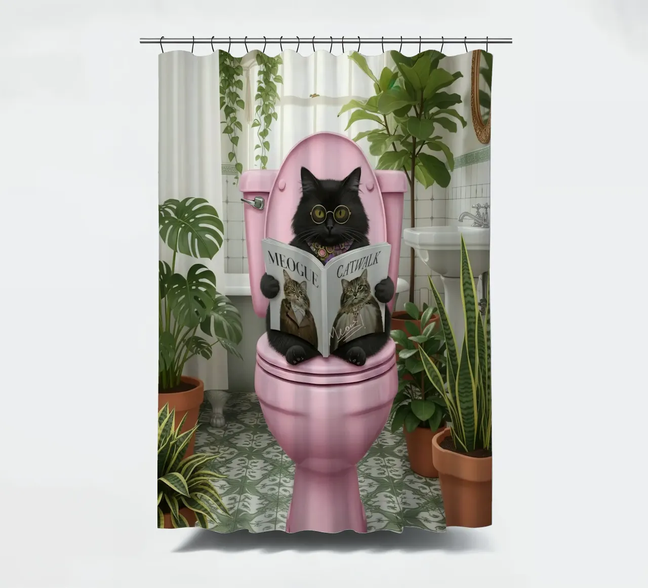 Cat Reading Magazine on Toilet shower curtain by Attaboy Dsgn
