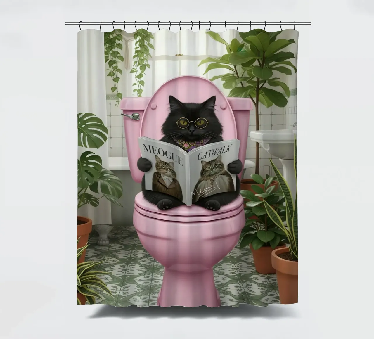 Cat Reading Magazine on Toilet shower curtain by Attaboy Dsgn