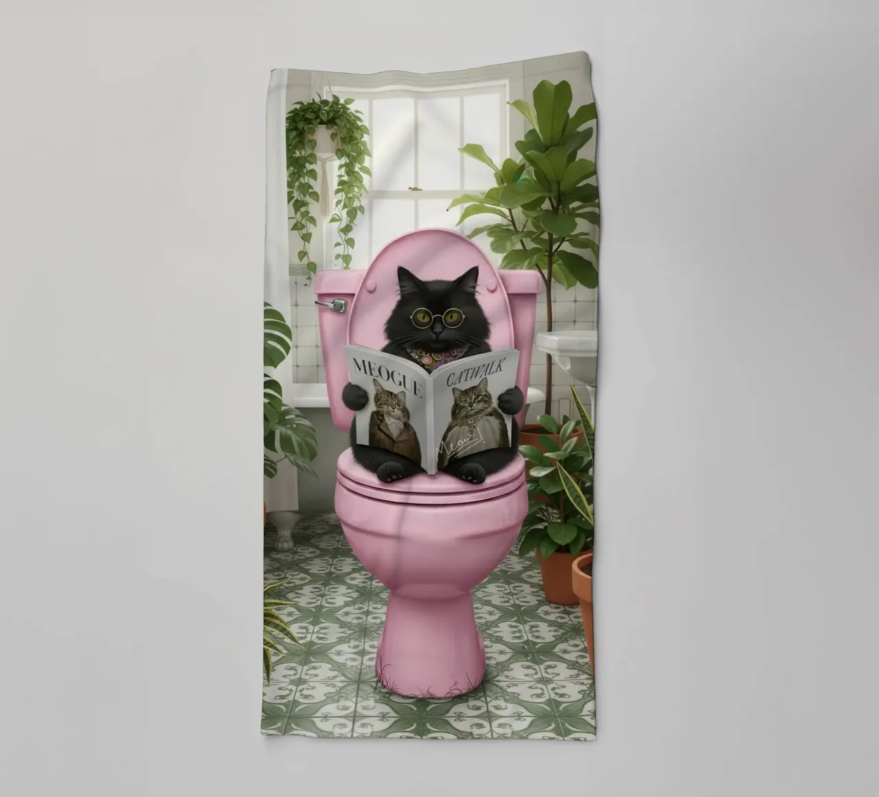 Cat Reading Magazine on Toilet asciugamano da bagno da Attaboy Dsgn
