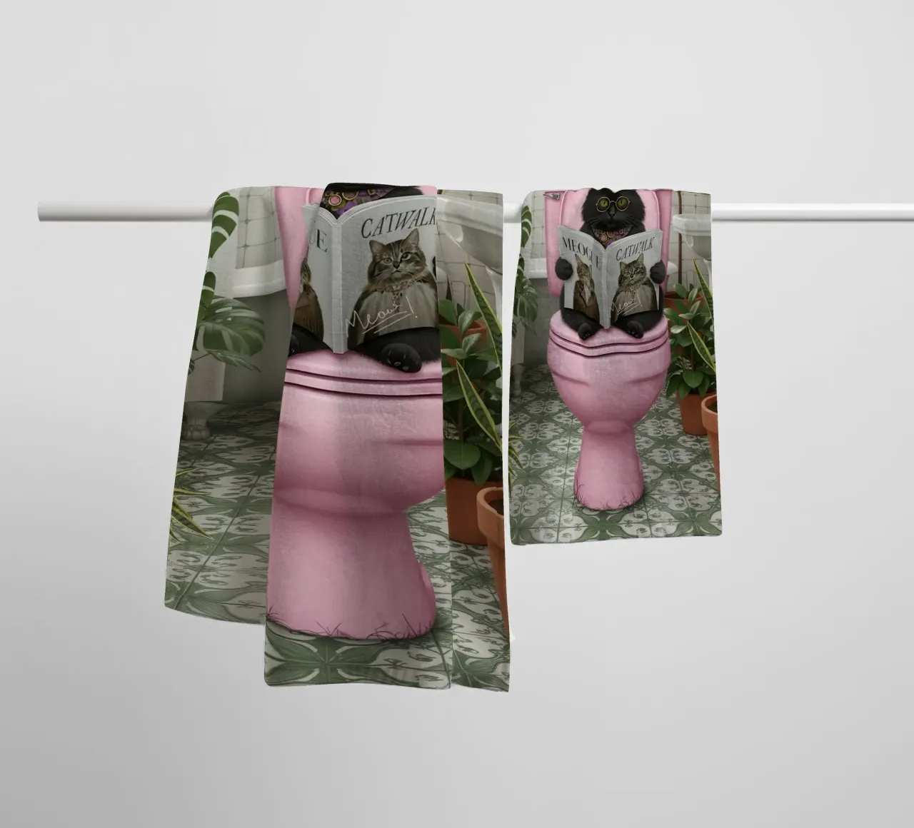 Cat Reading Magazine on Toilet asciugamano da bagno da Attaboy Dsgn