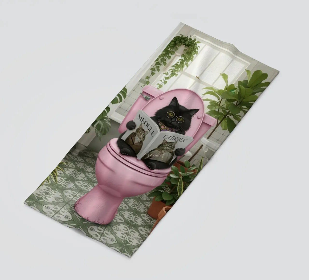 Cat Reading Magazine on Toilet beach towel by Attaboy Dsgn