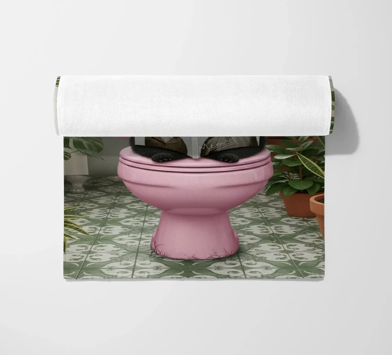 Cat Reading Magazine on Toilet beach towel by Attaboy Dsgn