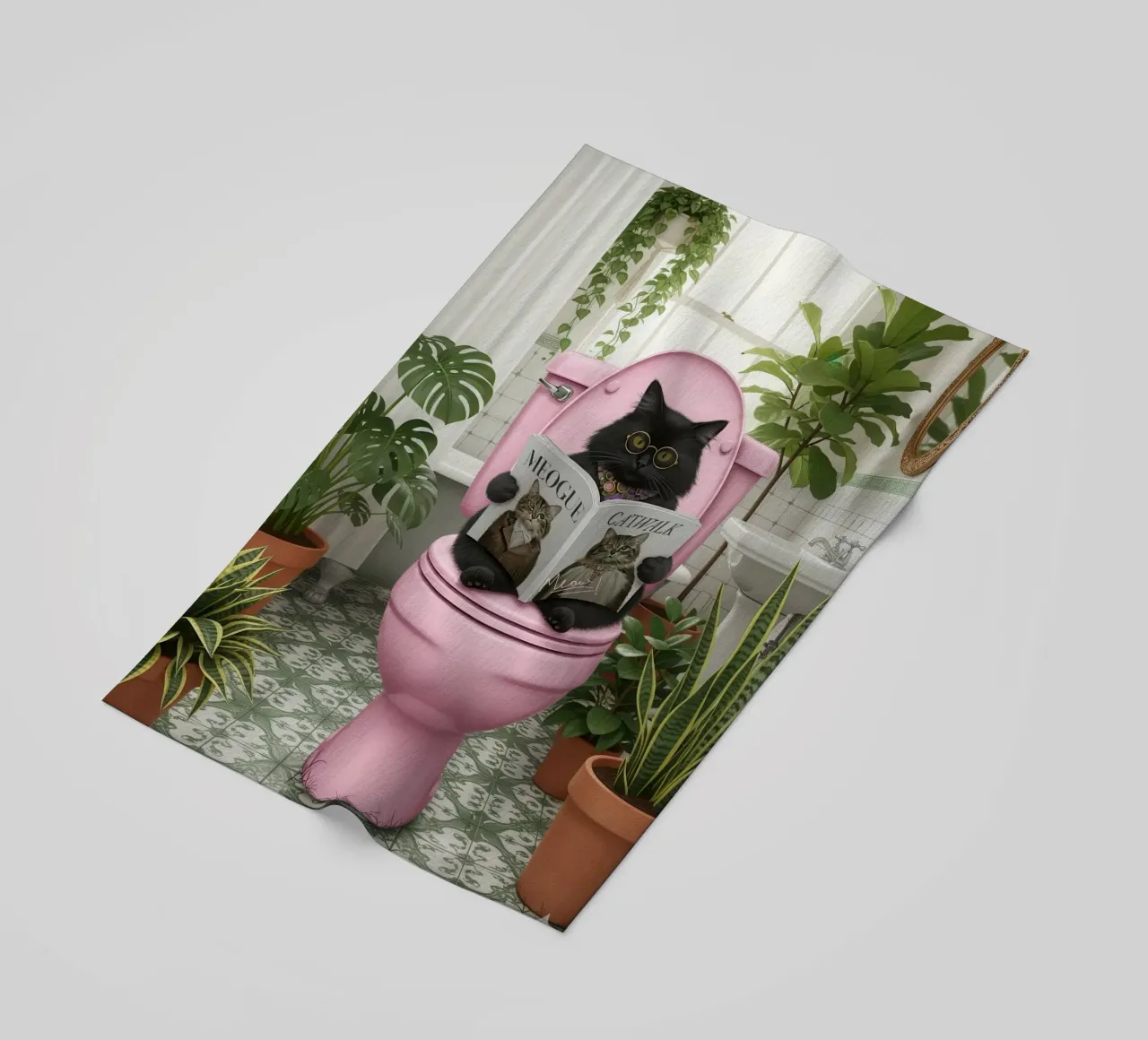 Cat Reading Magazine on Toilet beach towel by Attaboy Dsgn