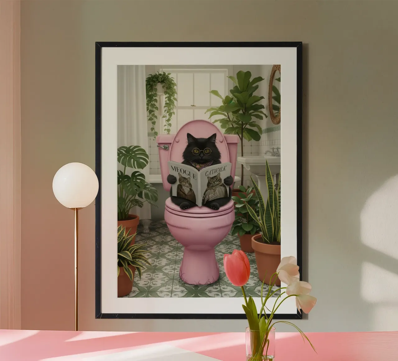 Cat Reading Magazine on Toilet poster with aluminum frame by Attaboy Dsgn