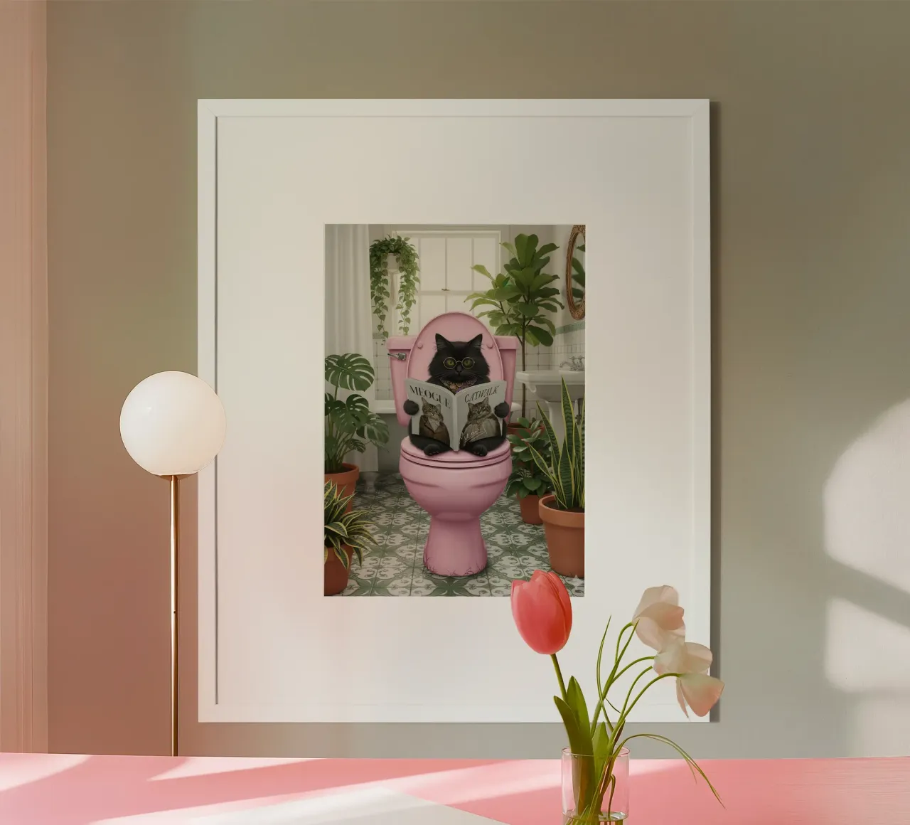 Cat Reading Magazine on Toilet poster with aluminum frame by Attaboy Dsgn