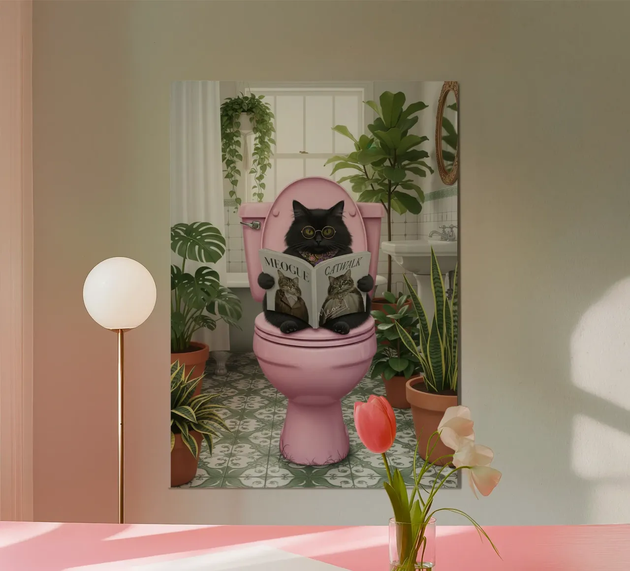 Cat Reading Magazine on Toilet poster with aluminum frame by Attaboy Dsgn