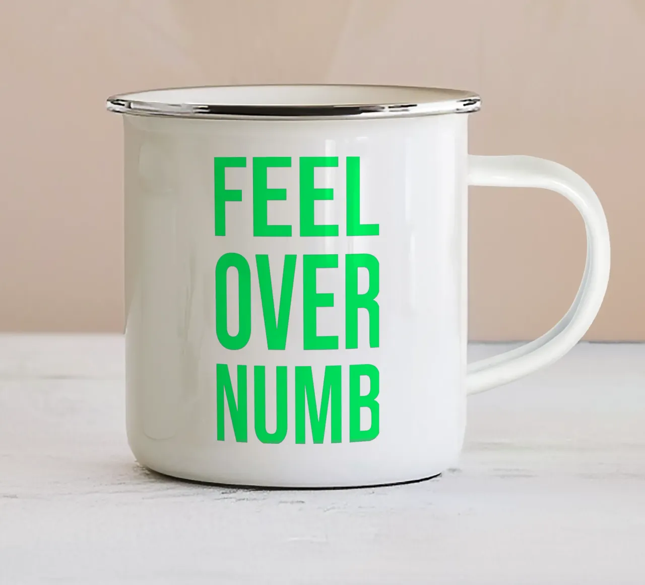 OVER Series- bold letters, brave values (5 colors) emaille mok van FRICKE DESIGN