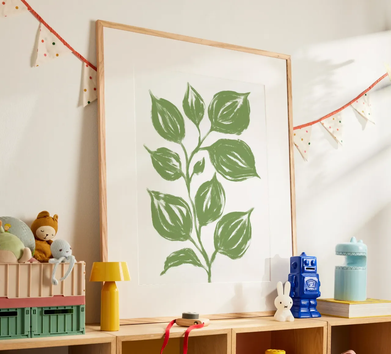 Grandi foglie verdi poster con telaio in legno da Martina