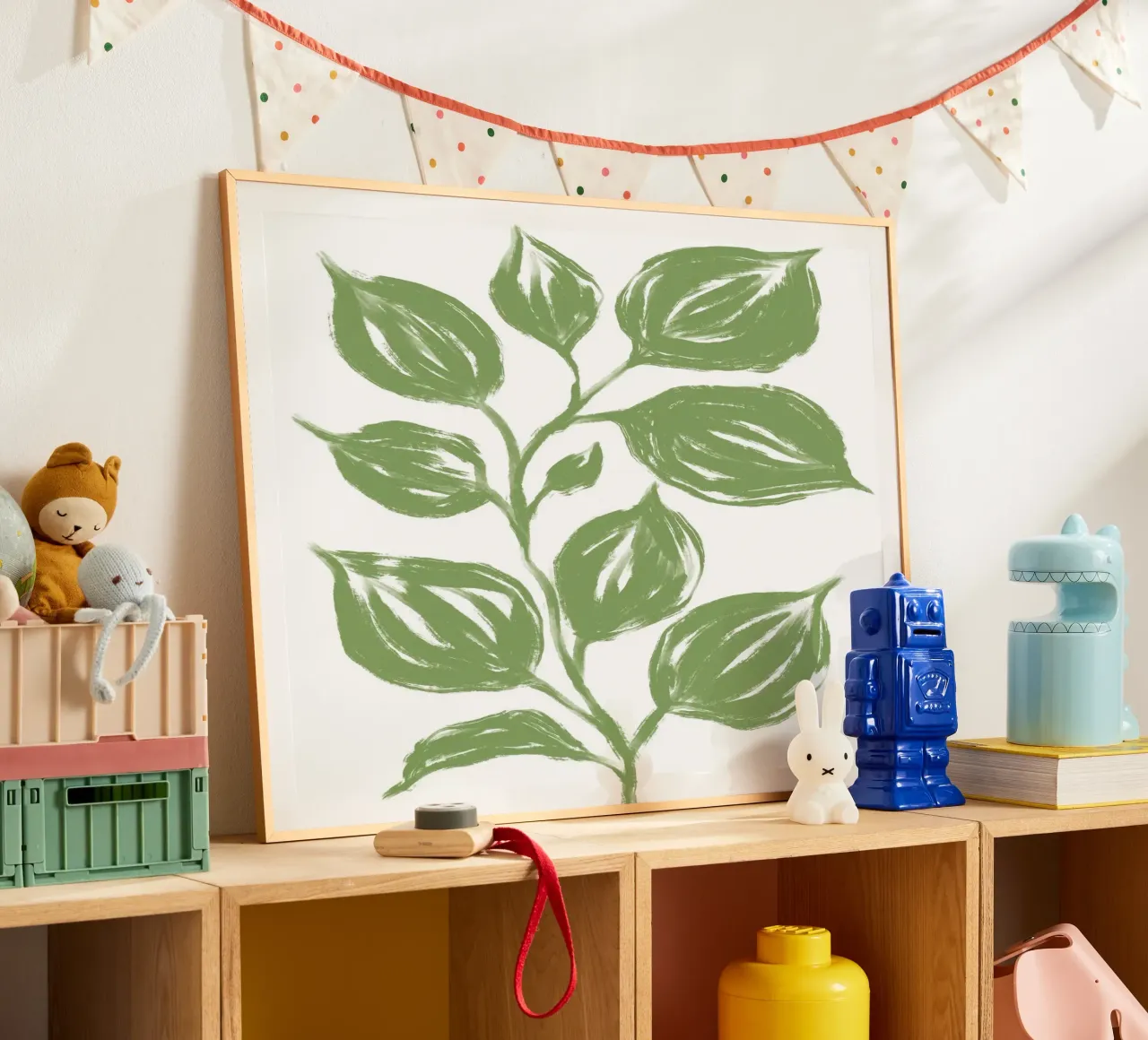 Grandi foglie verdi poster con telaio in legno da Martina