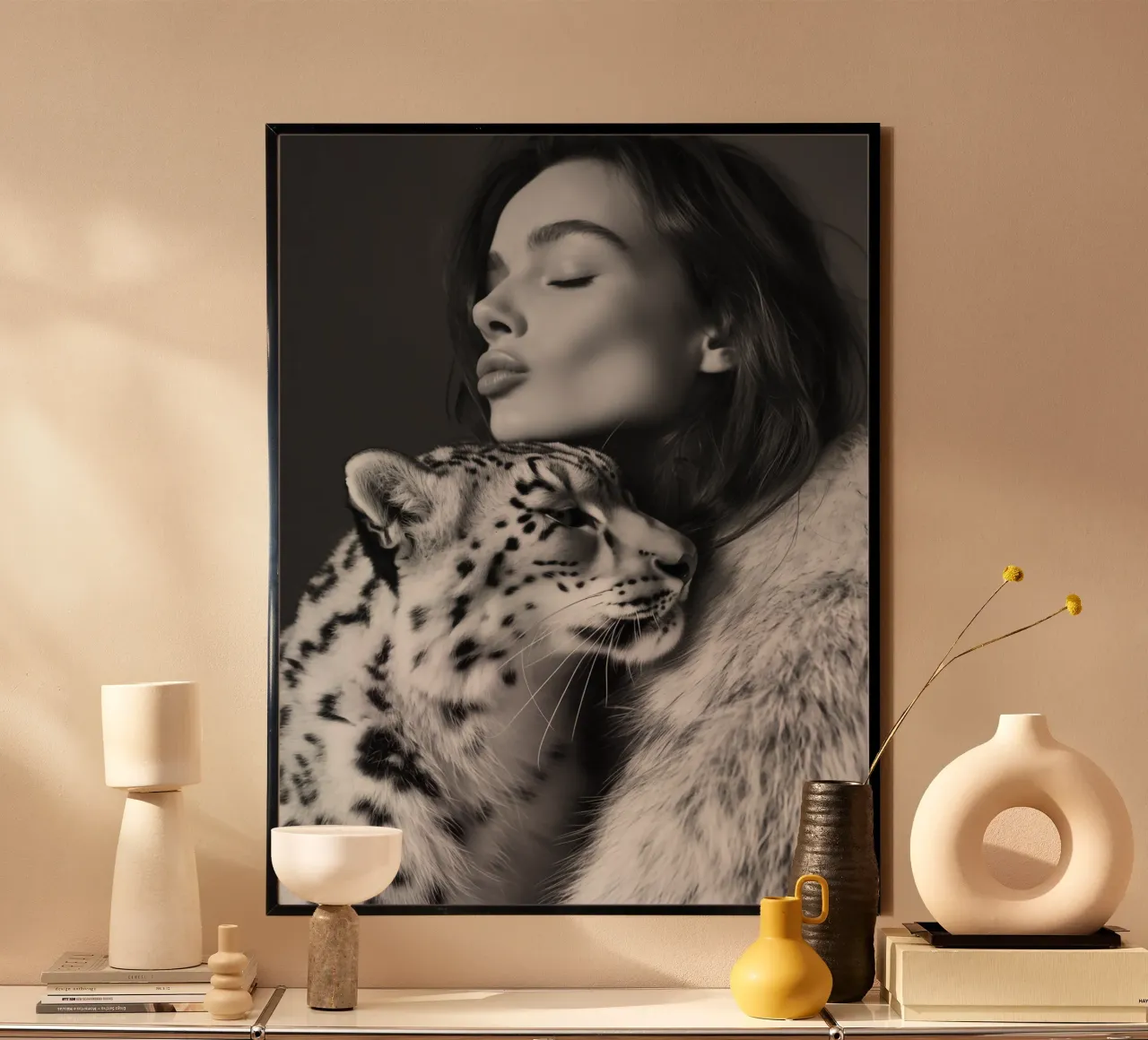 Donna con gatto di grandi dimensioni | Monocromatico che fa le fusa poster con telaio in plastica da Autofocus