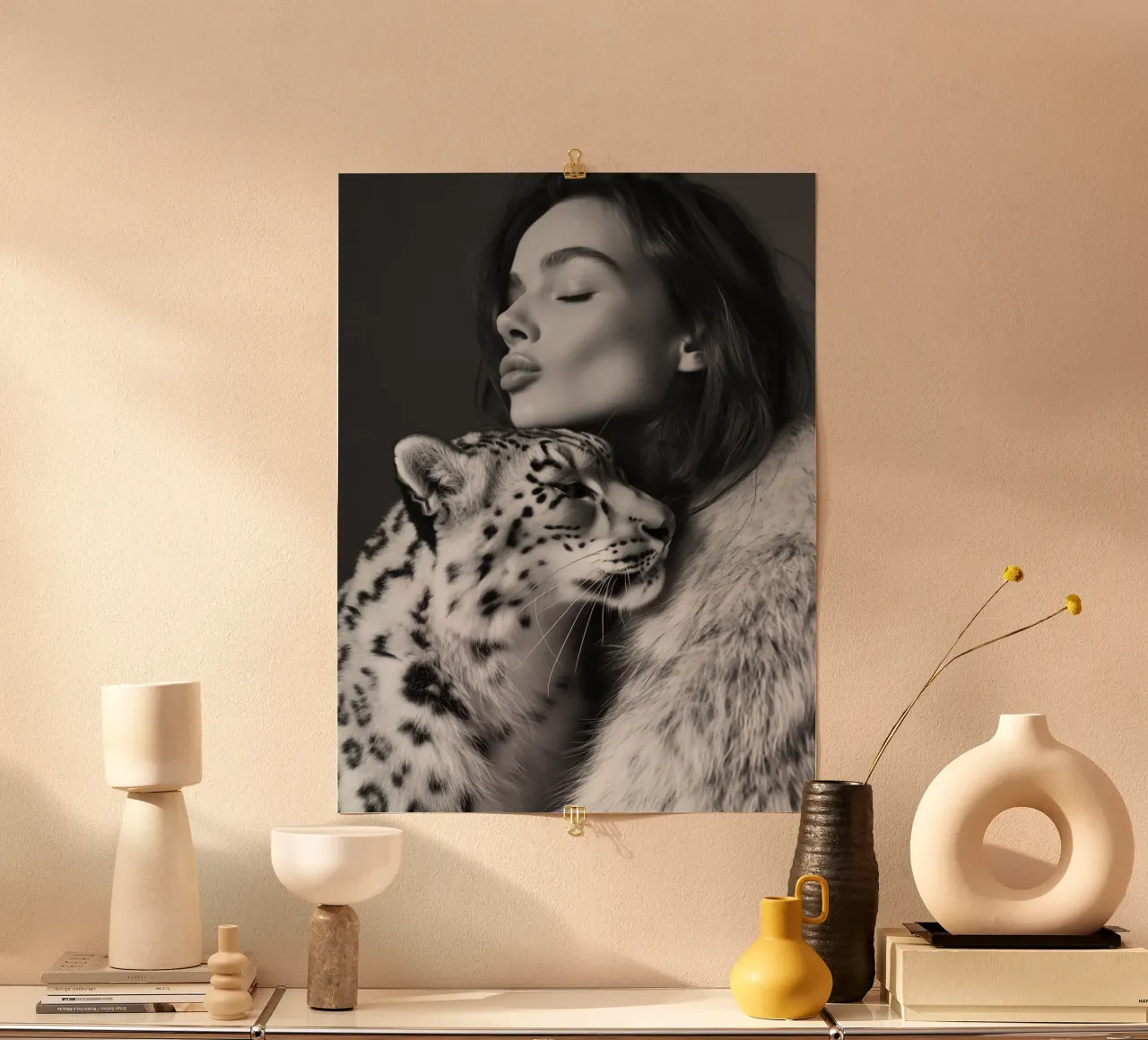 Donna con gatto di grandi dimensioni | Monocromatico che fa le fusa poster con telaio in plastica da Autofocus