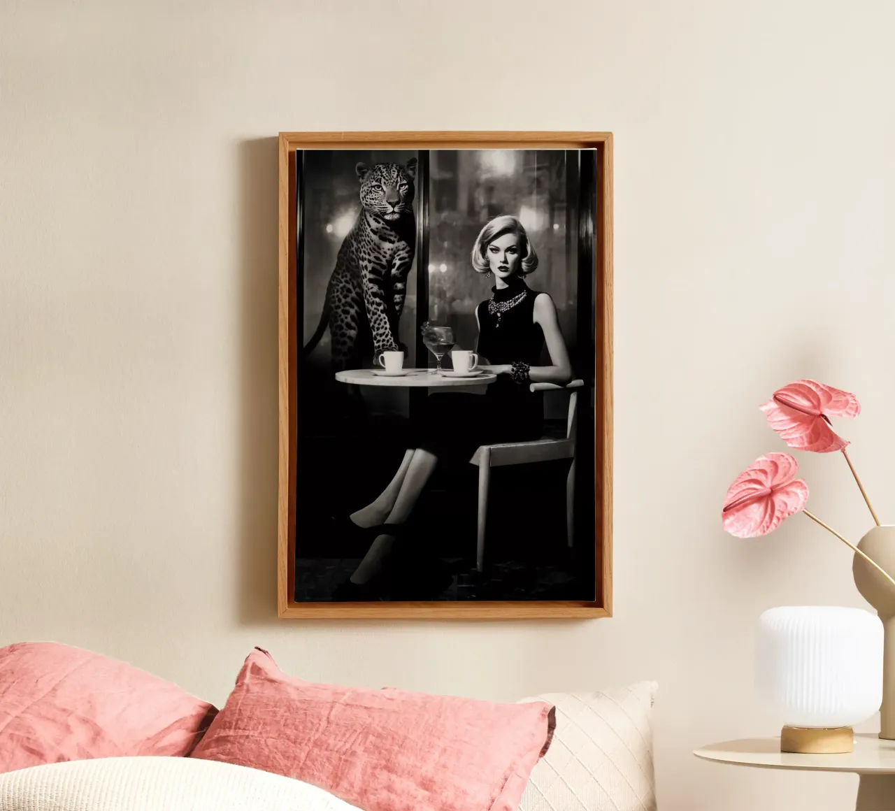 Woman with leopard at the cat table | Monochrome fantasy canvas with Floater frame by Autofocus