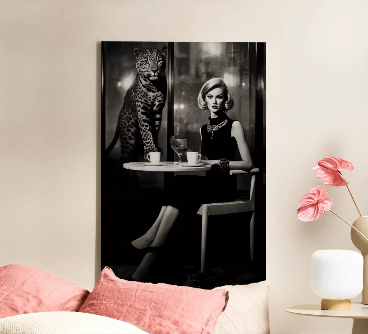 Woman with leopard at the cat table | Monochrome fantasy canvas with Floater frame by Autofocus