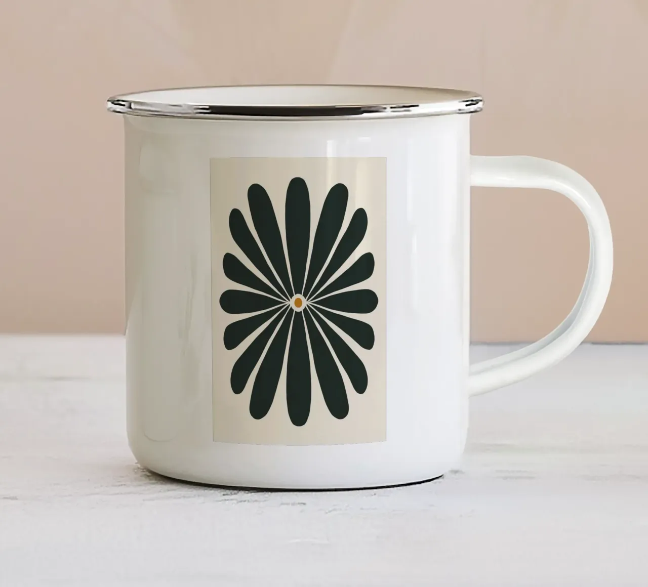 Metà secolo retro astratto sole fiore boho art crema nero tazza in smalto da This Wild Soul - Illustration