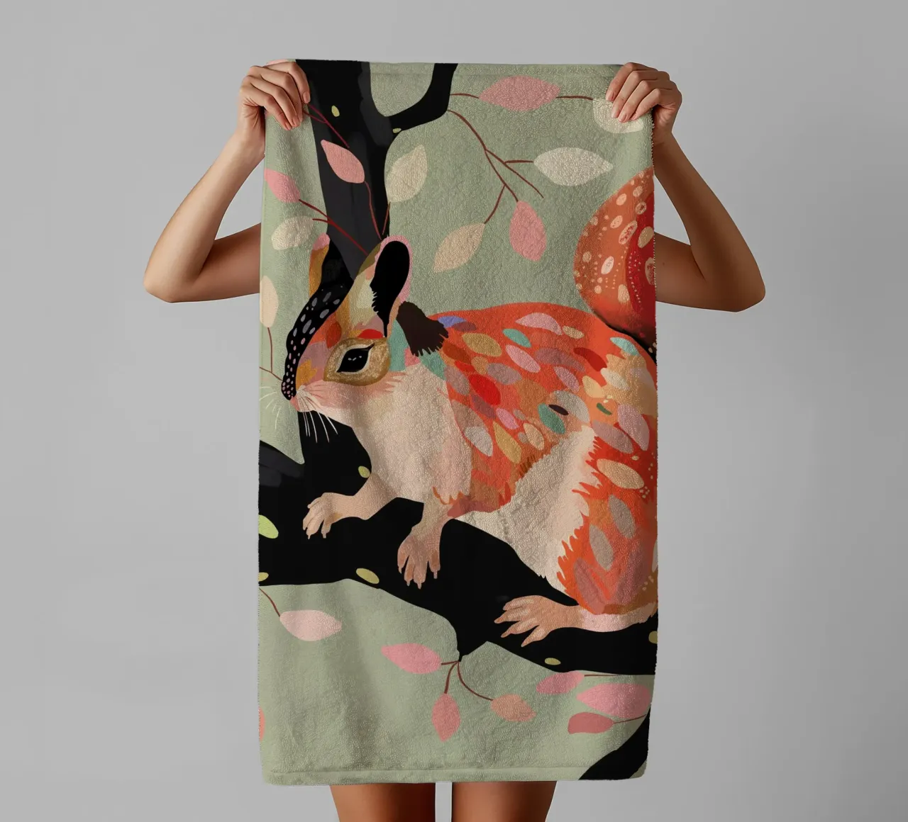 Squirrel In The Tree towel by ArtsySesta