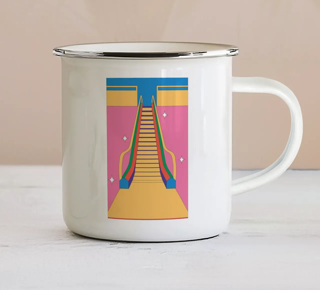 Ontwerp roltrap retro emaille mok van Retro Boy Art