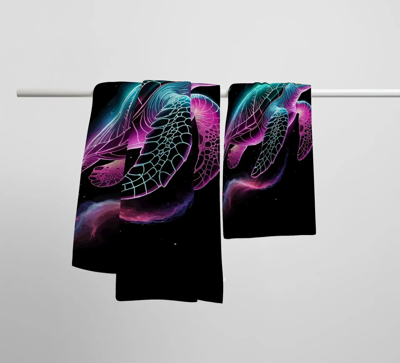 Neon Turtle in Space towel by Benjamin Pelletier