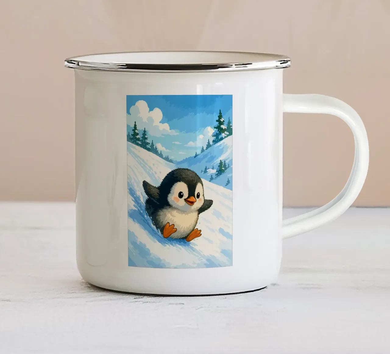 Scivolate sui pinguini e corse invernali tazza in smalto da Benjamin Pelletier