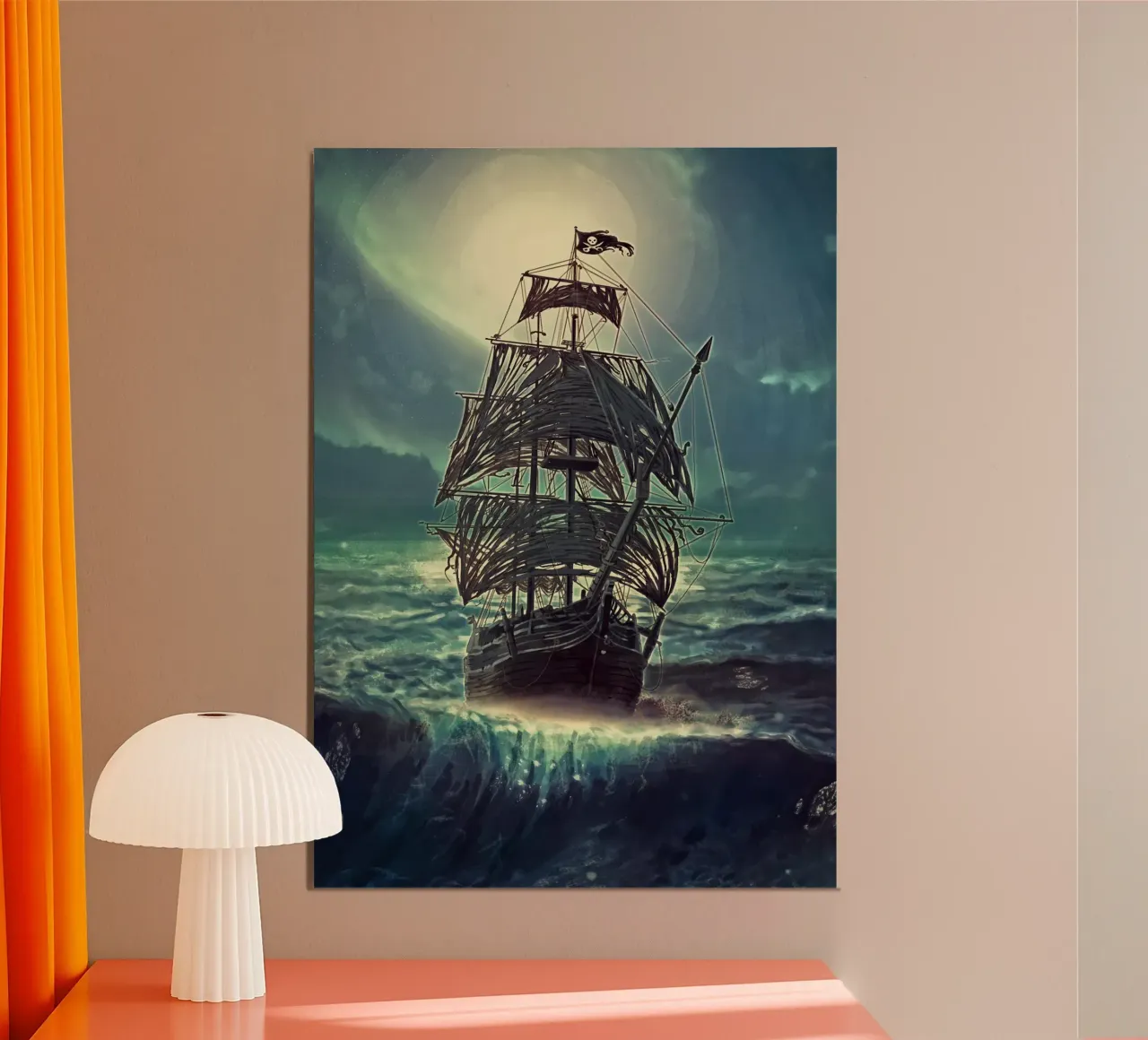 Nave pirata fantasma di notte poster con telaio in legno da Eva Nev