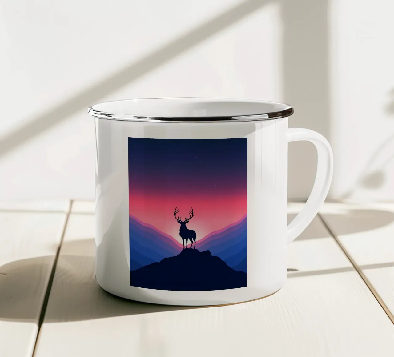 Silhouette di un cervo al tramonto tazza in smalto da Benjamin Pelletier