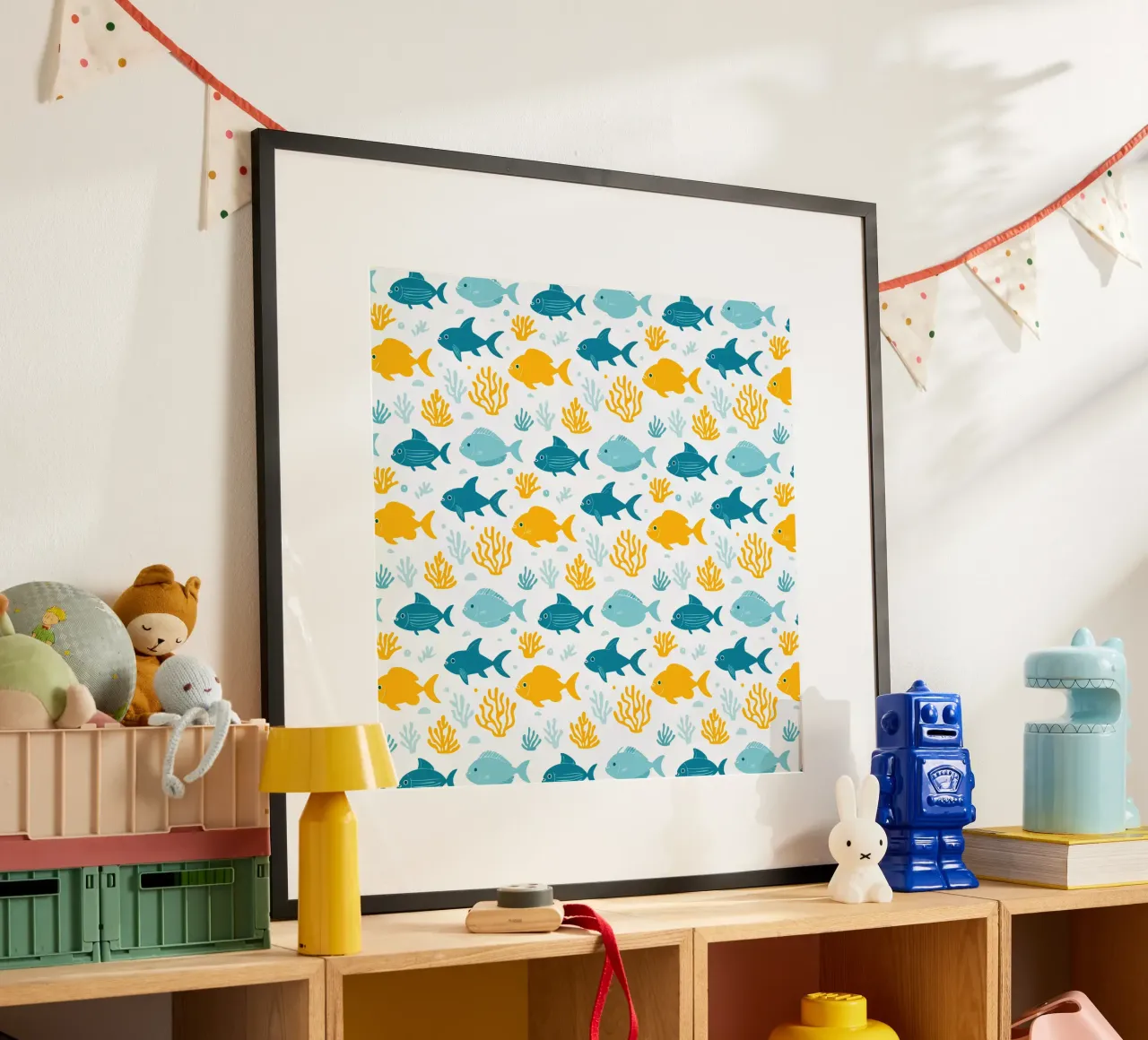 Mondo sommerso - Modello di pesce 1 poster con telaio in legno da Hightown Design
