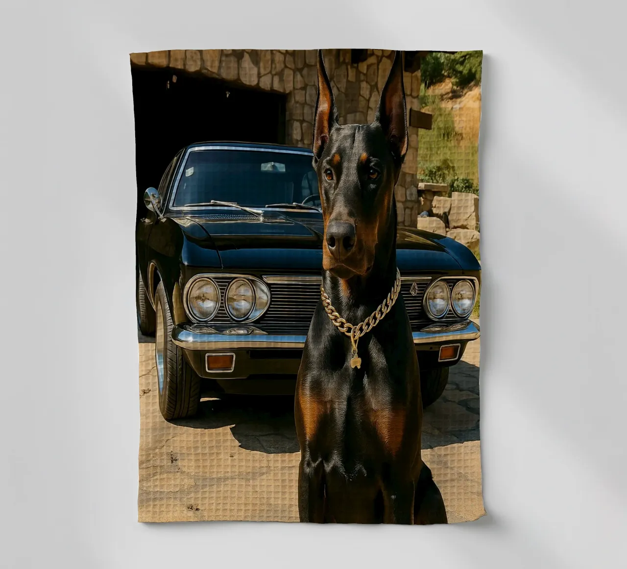 chien noir devant la voiture classique photographie retro torchon de lottuz