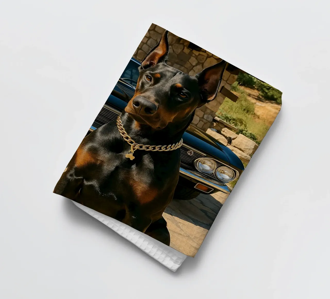 chien noir devant la voiture classique photographie retro torchon de lottuz