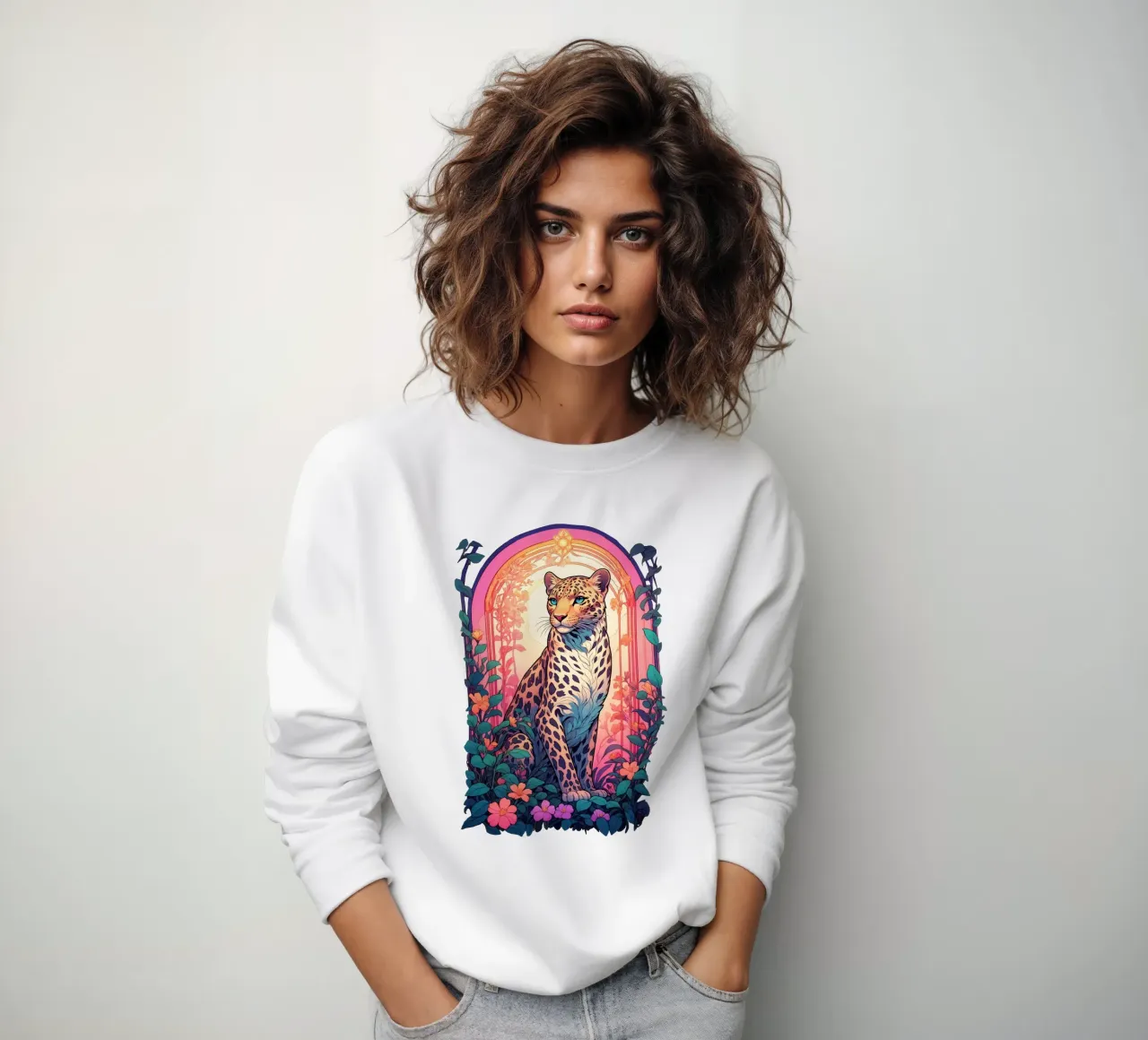 Leopard with Flowers Art Nouveau sweatshirt by Eva Nev