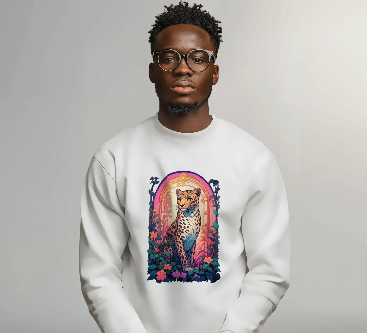 Leopard with Flowers Art Nouveau sweatshirt by Eva Nev