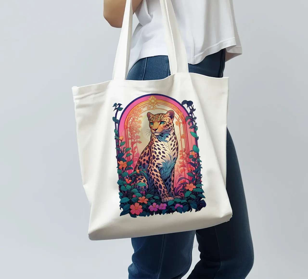 Leopard with Flowers Art Nouveau borsa in juta da Eva Nev