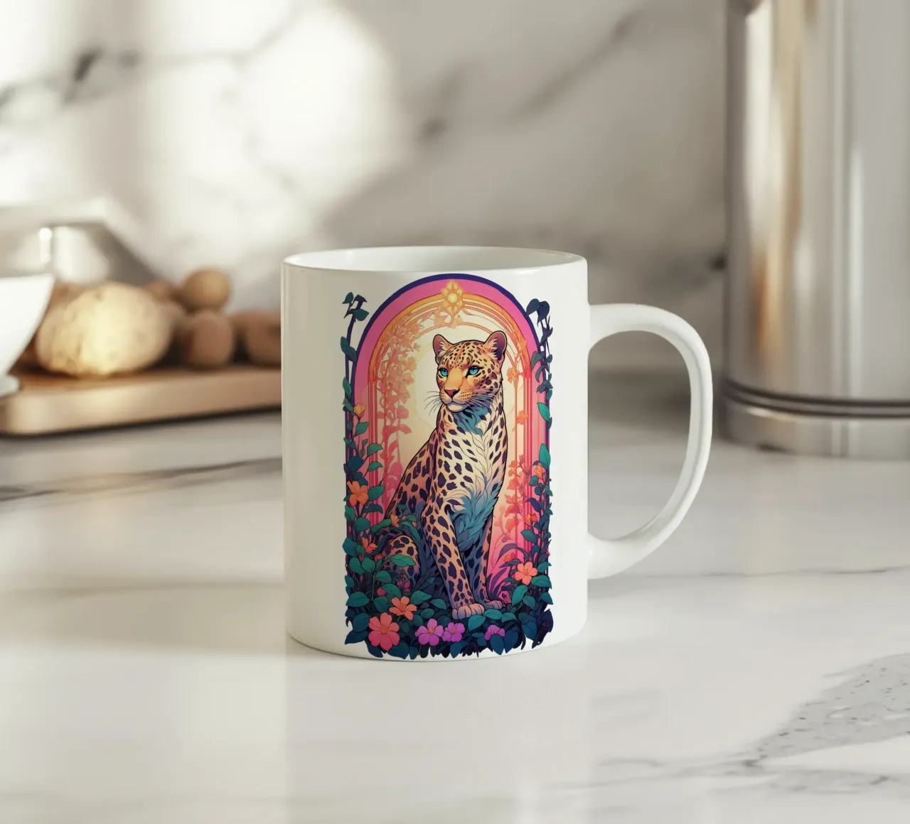 Leopard with Flowers Art Nouveau Keramik Tasse von Eva Nev