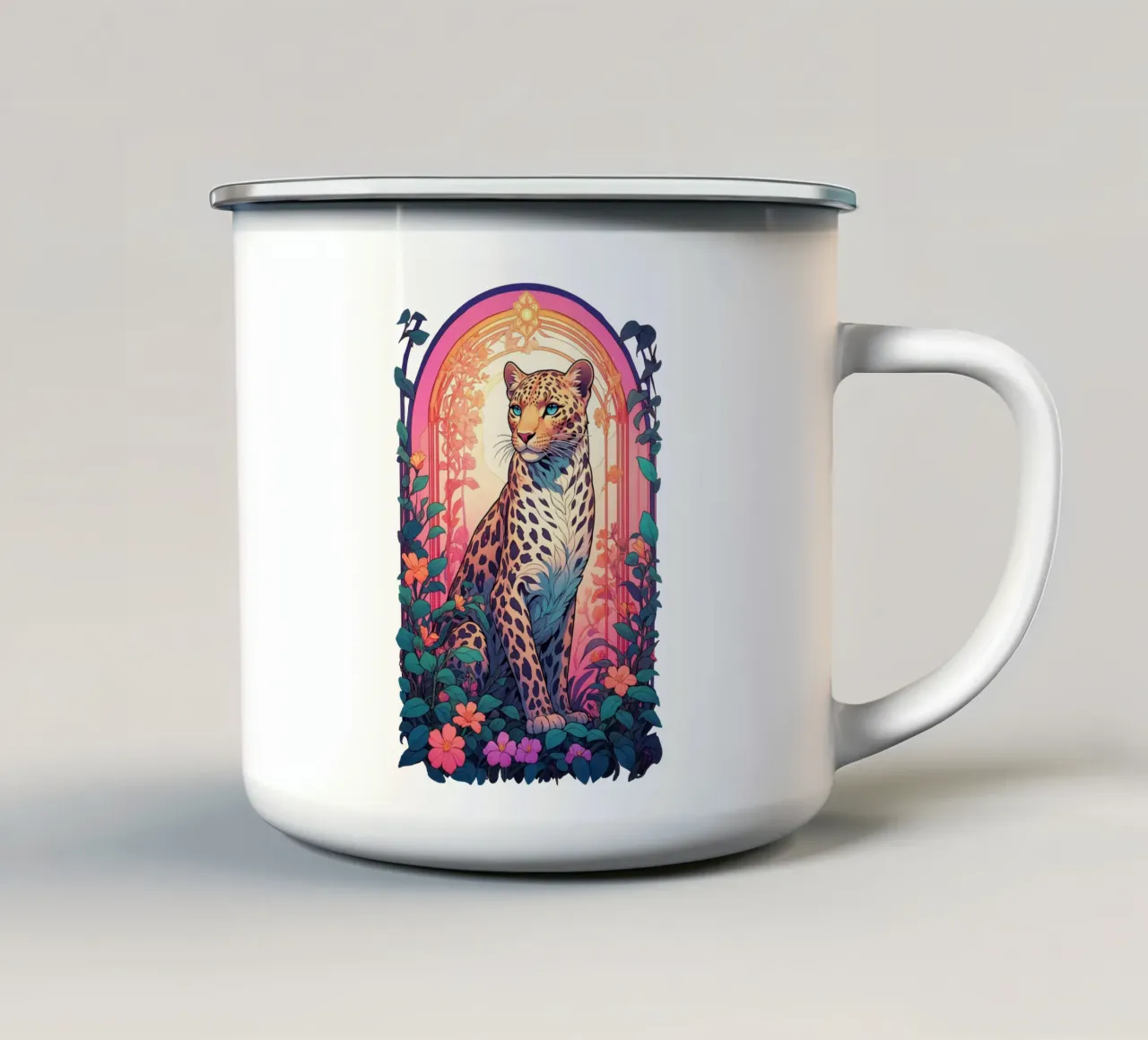 Leopard with Flowers Art Nouveau emaille mok van Eva Nev