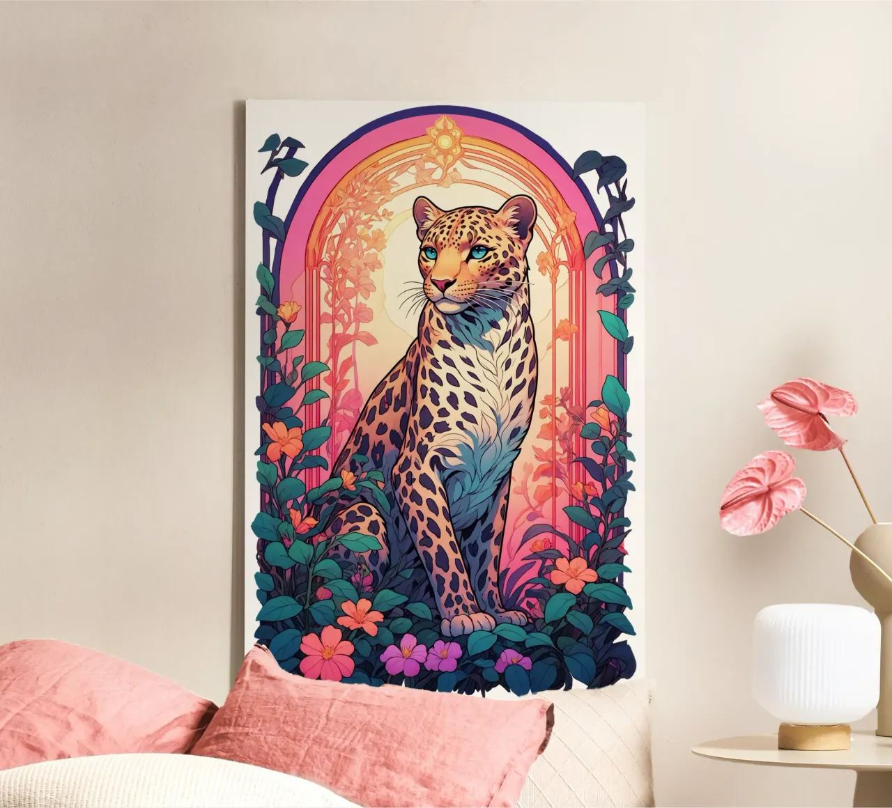 Leopard with Flowers Art Nouveau tela con Cornice a cassetta da Eva Nev