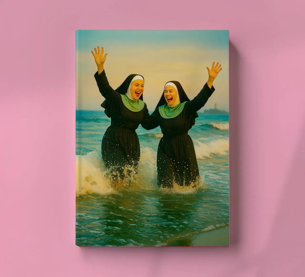 nun playing at the beach retro photography notebook by lottuz