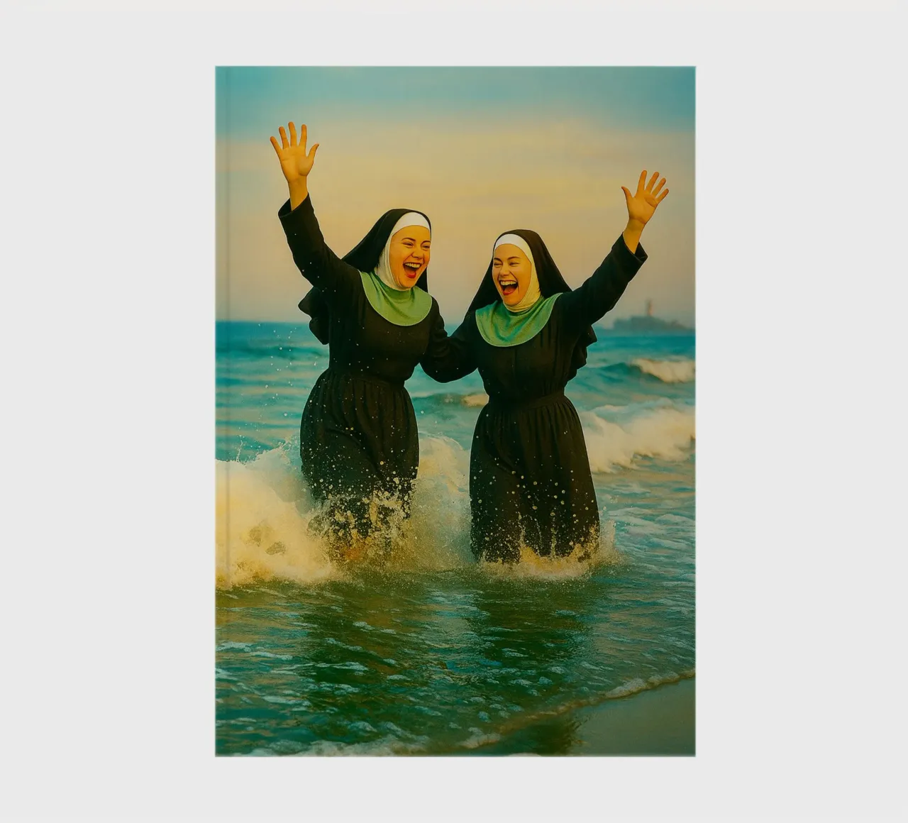 nun playing at the beach retro photography notebook by lottuz