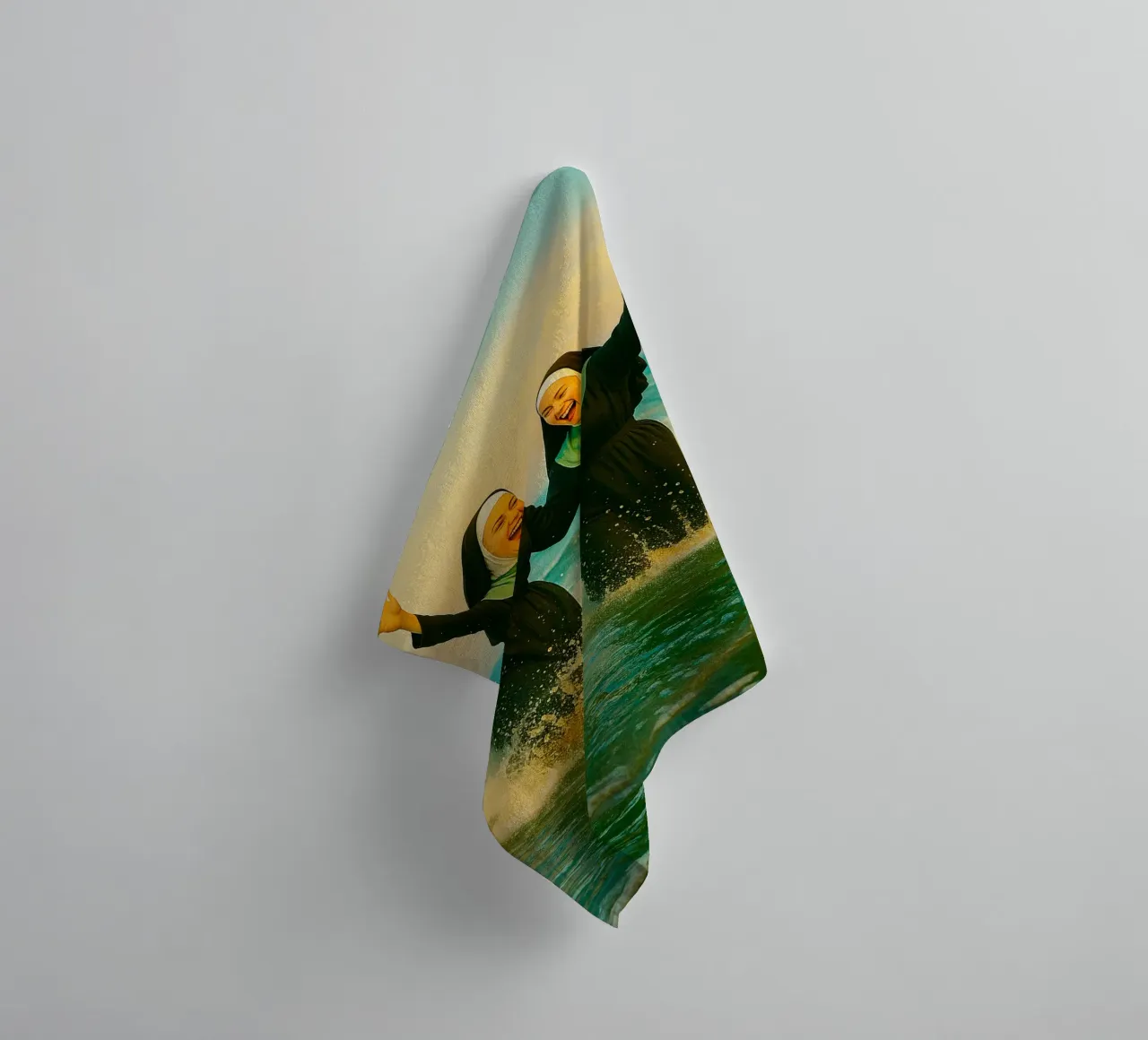 nun playing at the beach retro photography towel by lottuz