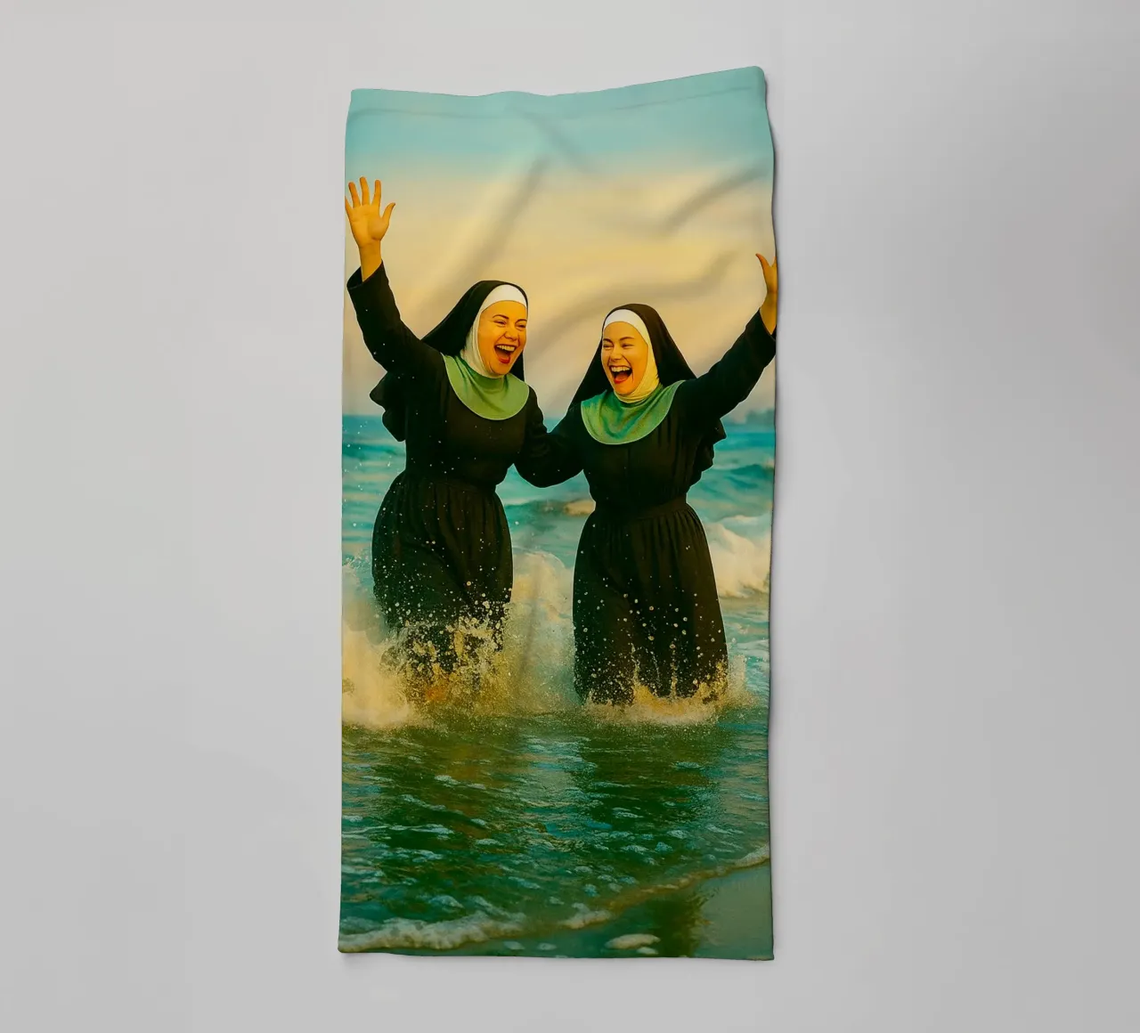 nun playing at the beach retro photography towel by lottuz