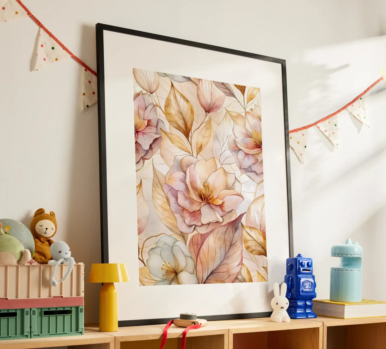 Arazzo floreale acquerellato poster con telaio in legno da Artistic-shop