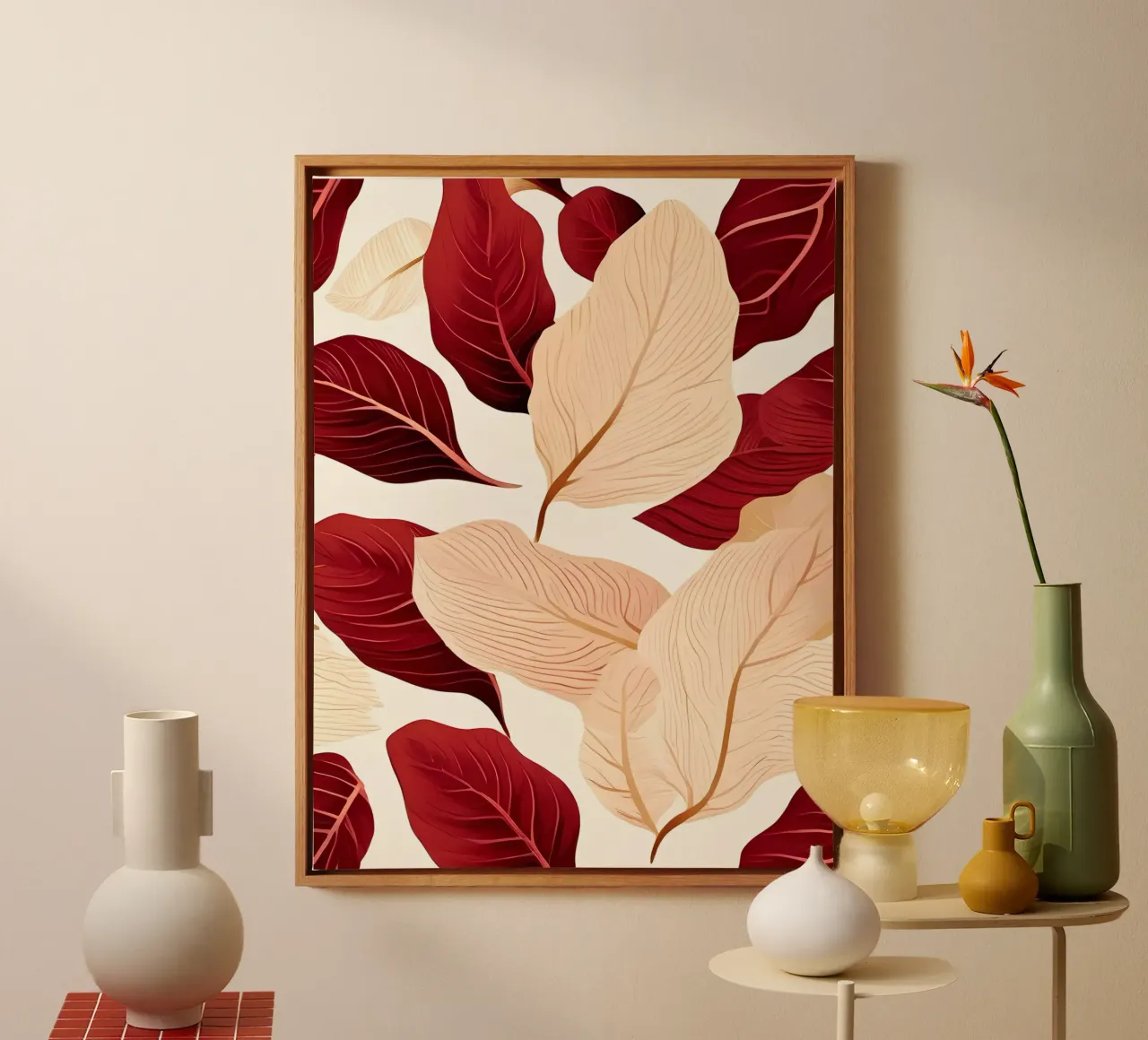 Symfonie van karmozijnrode en roomkleurige bladeren canvas met Baklijst van Artistic-shop