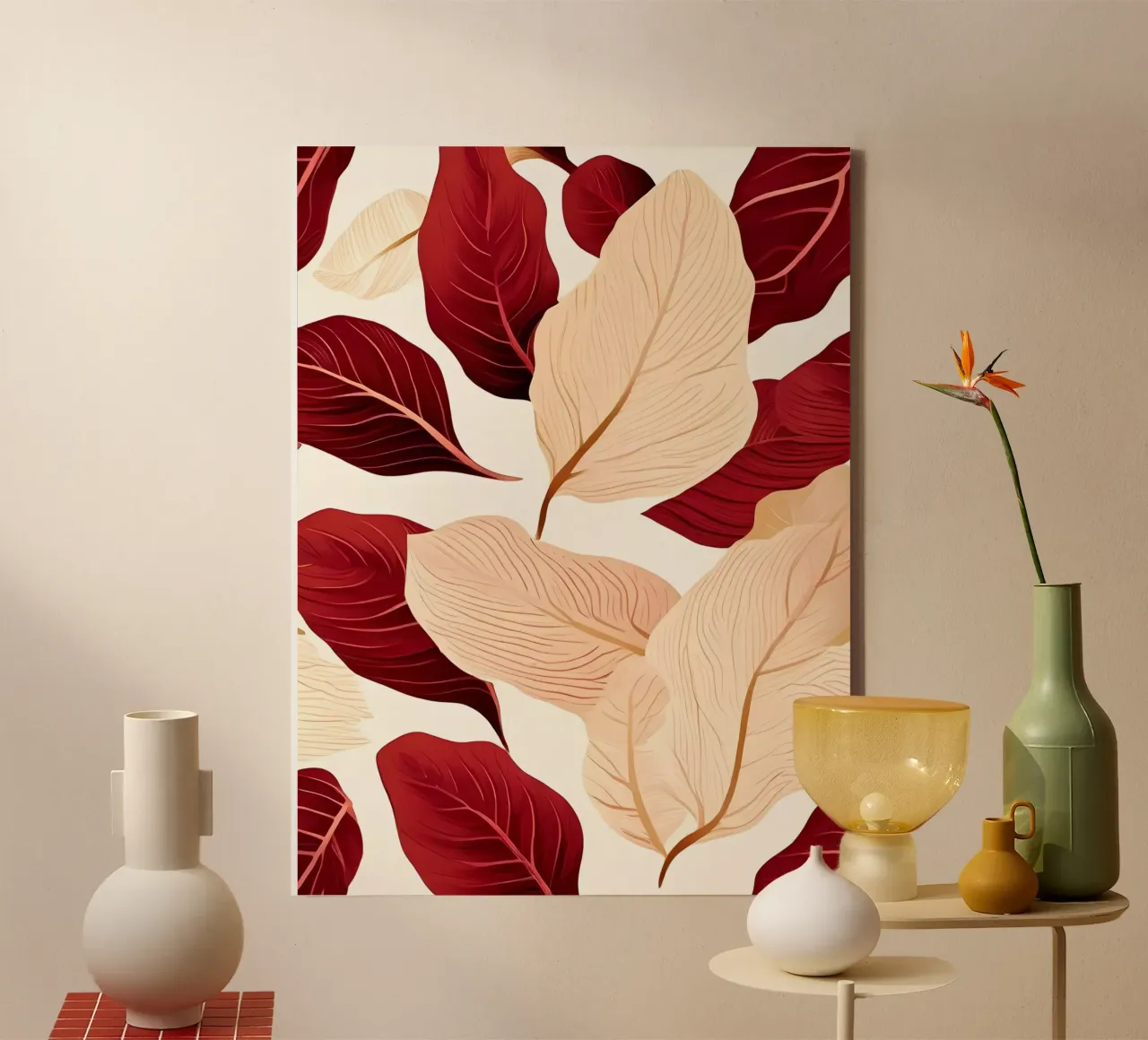 Symfonie van karmozijnrode en roomkleurige bladeren canvas met Baklijst van Artistic-shop