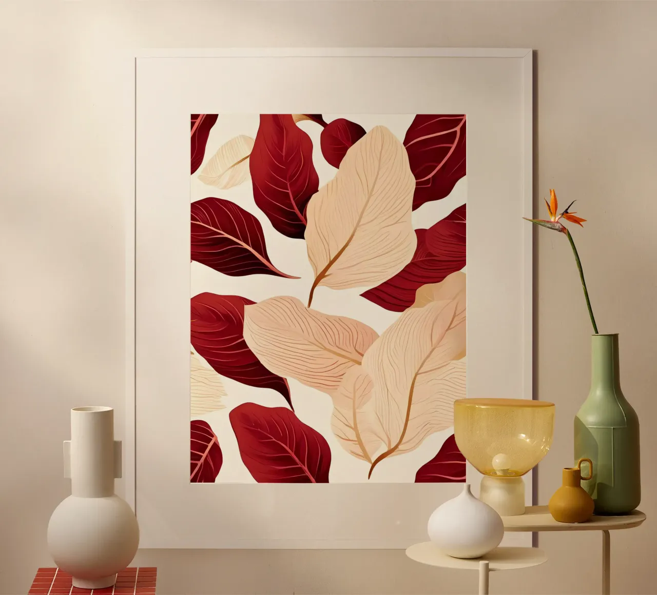 Symfonie van karmozijnrode en roomkleurige bladeren poster met aluminium frame van Artistic-shop