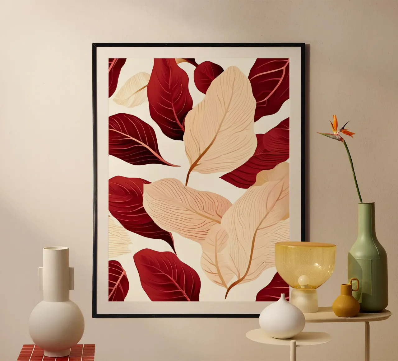 Symfonie van karmozijnrode en roomkleurige bladeren poster met aluminium frame van Artistic-shop