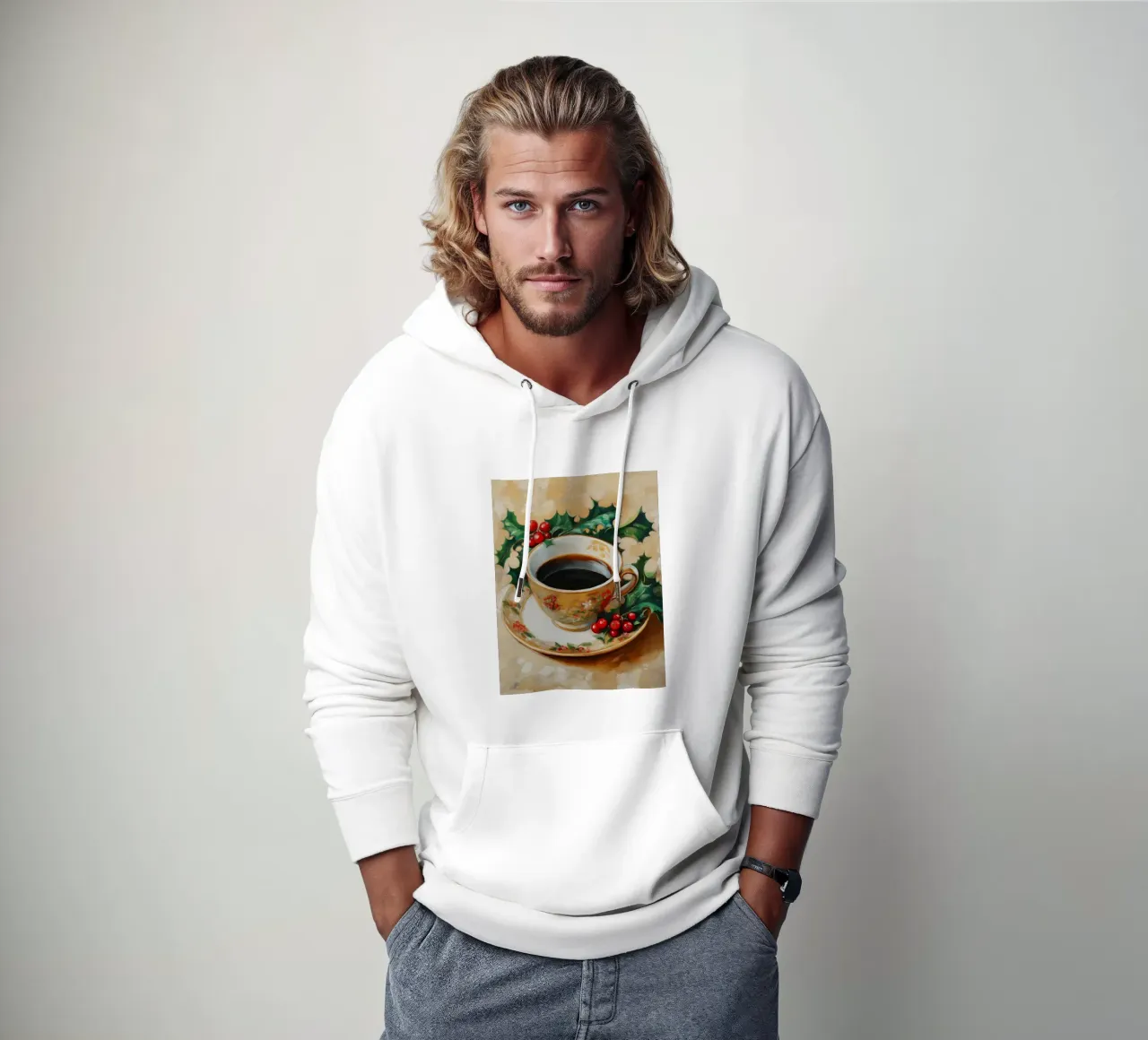 Caffè di Natale - Tazza festiva con agrifoglio felpa con cappuccio da Cozy Vibes