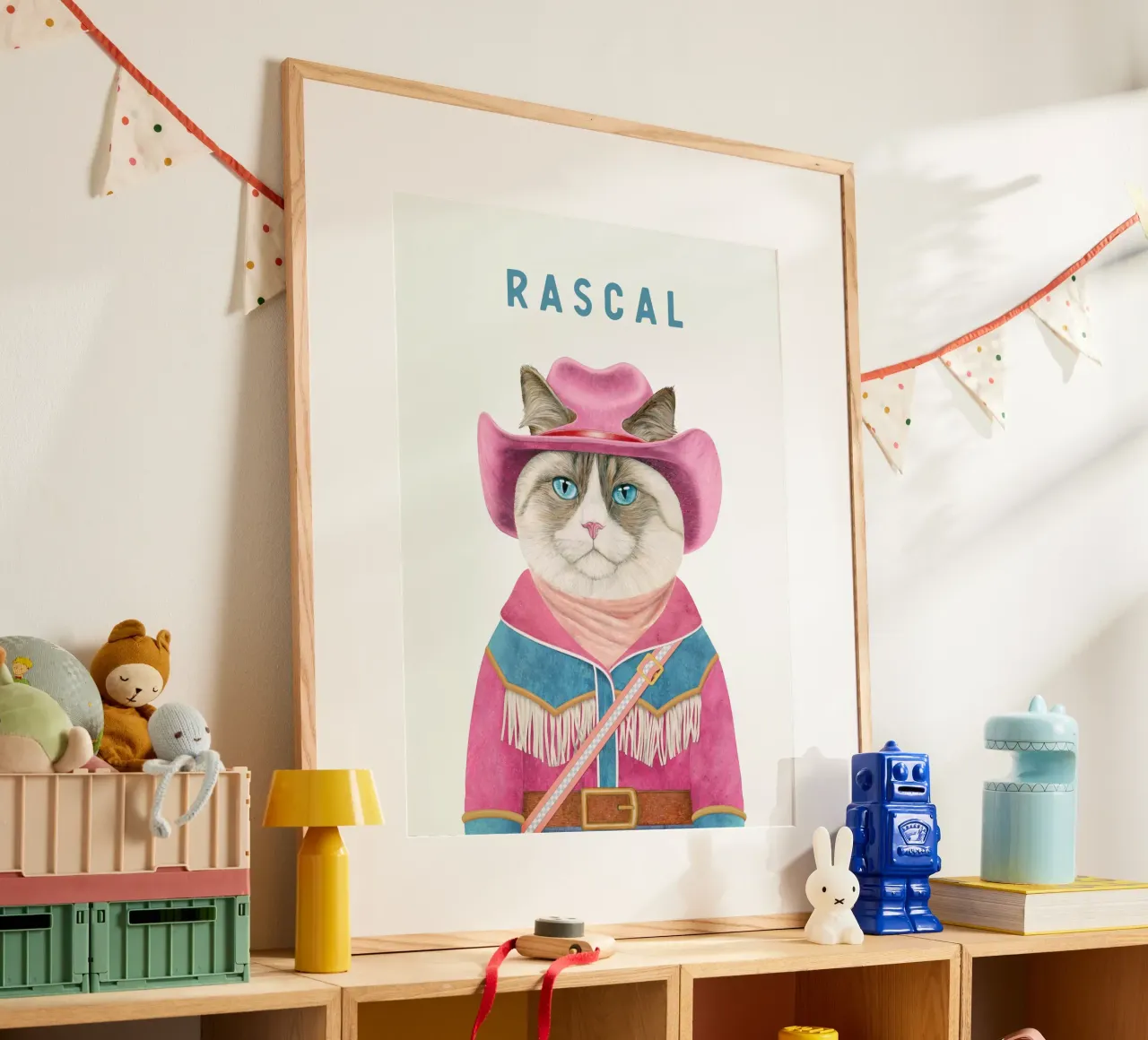 AJOUTER UN NOM - CHAT COWBOY - CHAT RAGDOLL poster avec cadre en bois de Animal Crew