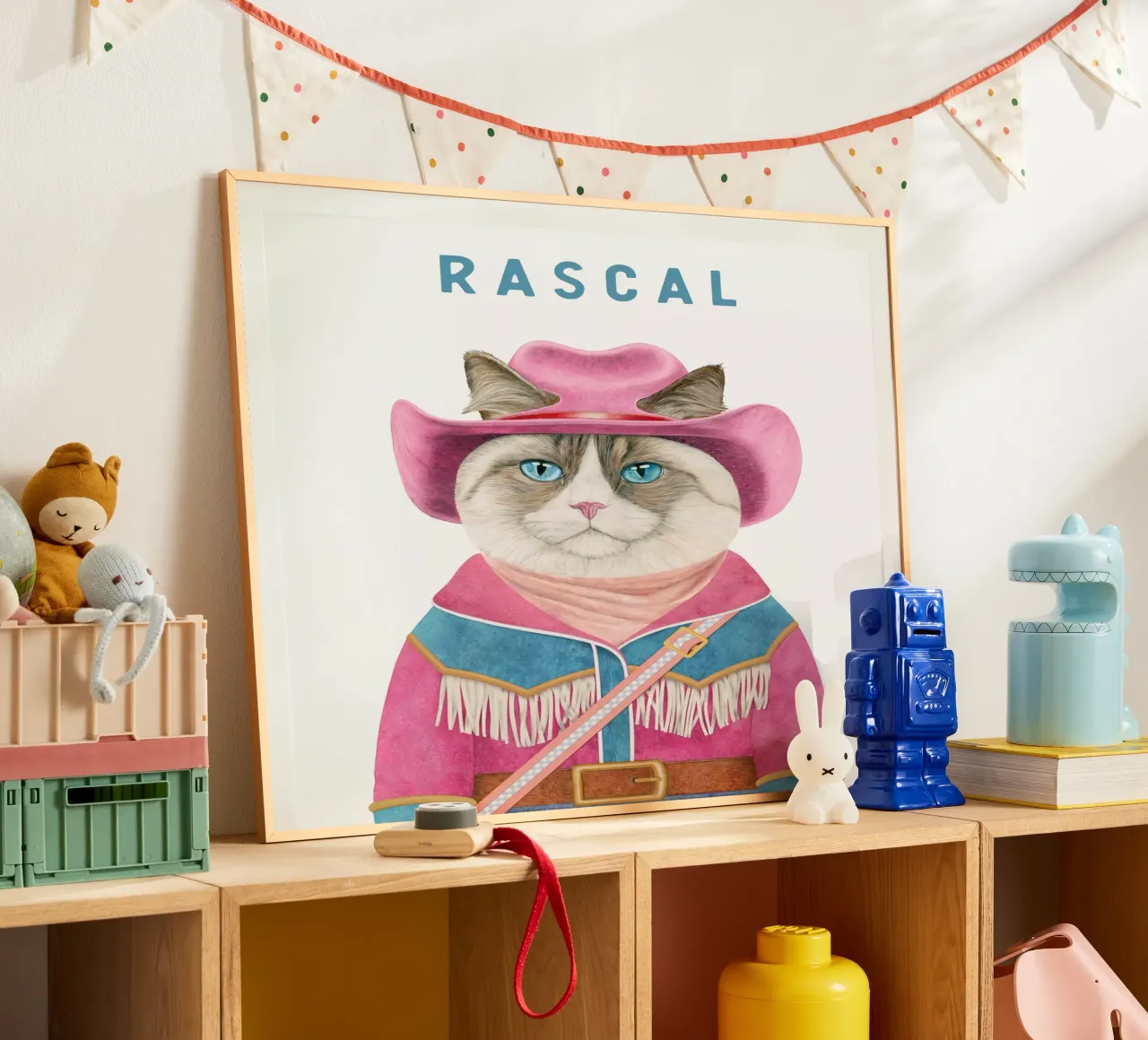 AJOUTER UN NOM - CHAT COWBOY - CHAT RAGDOLL poster avec cadre en bois de Animal Crew