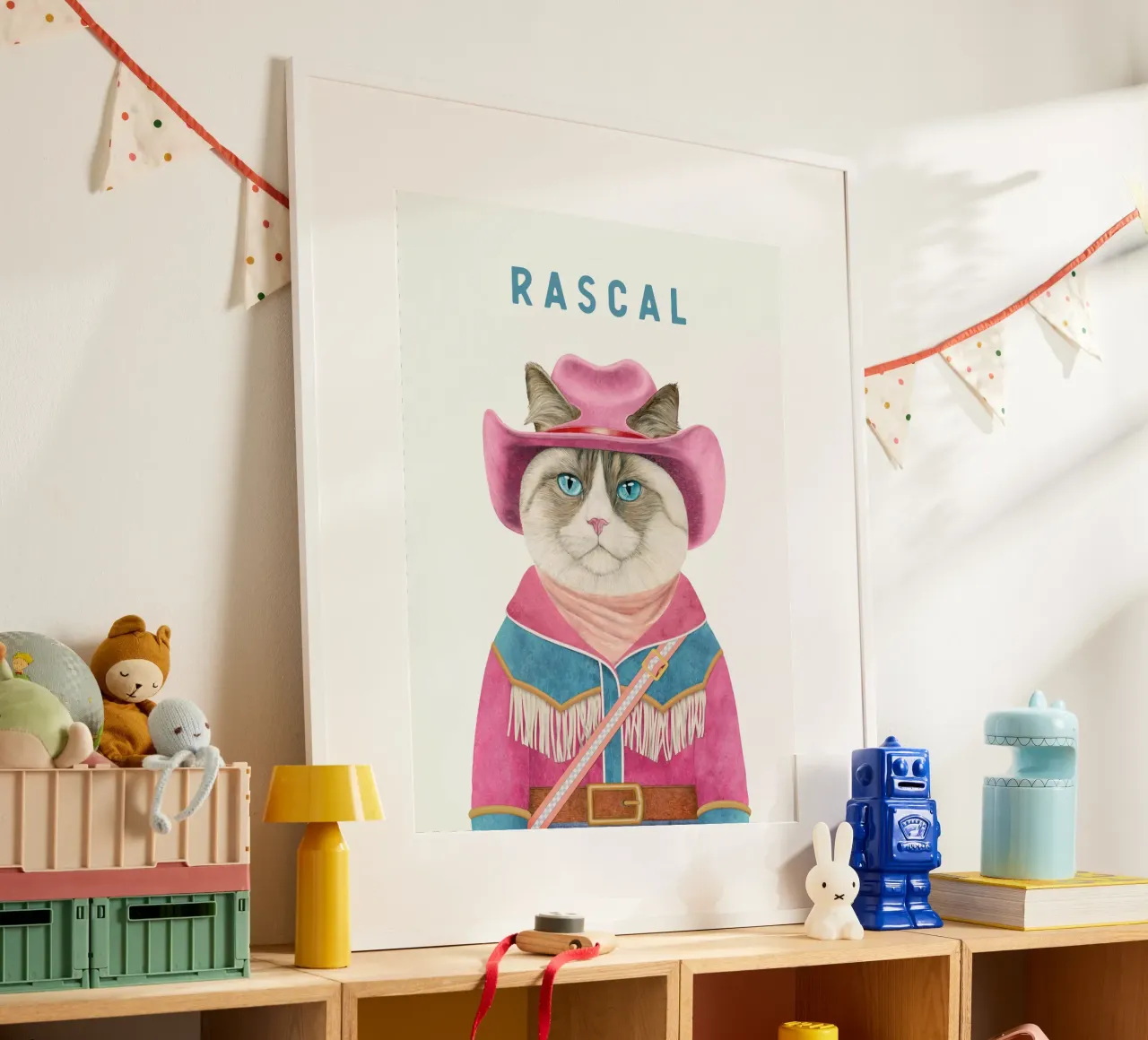AJOUTER UN NOM - CHAT COWBOY - CHAT RAGDOLL poster avec cadre en bois de Animal Crew