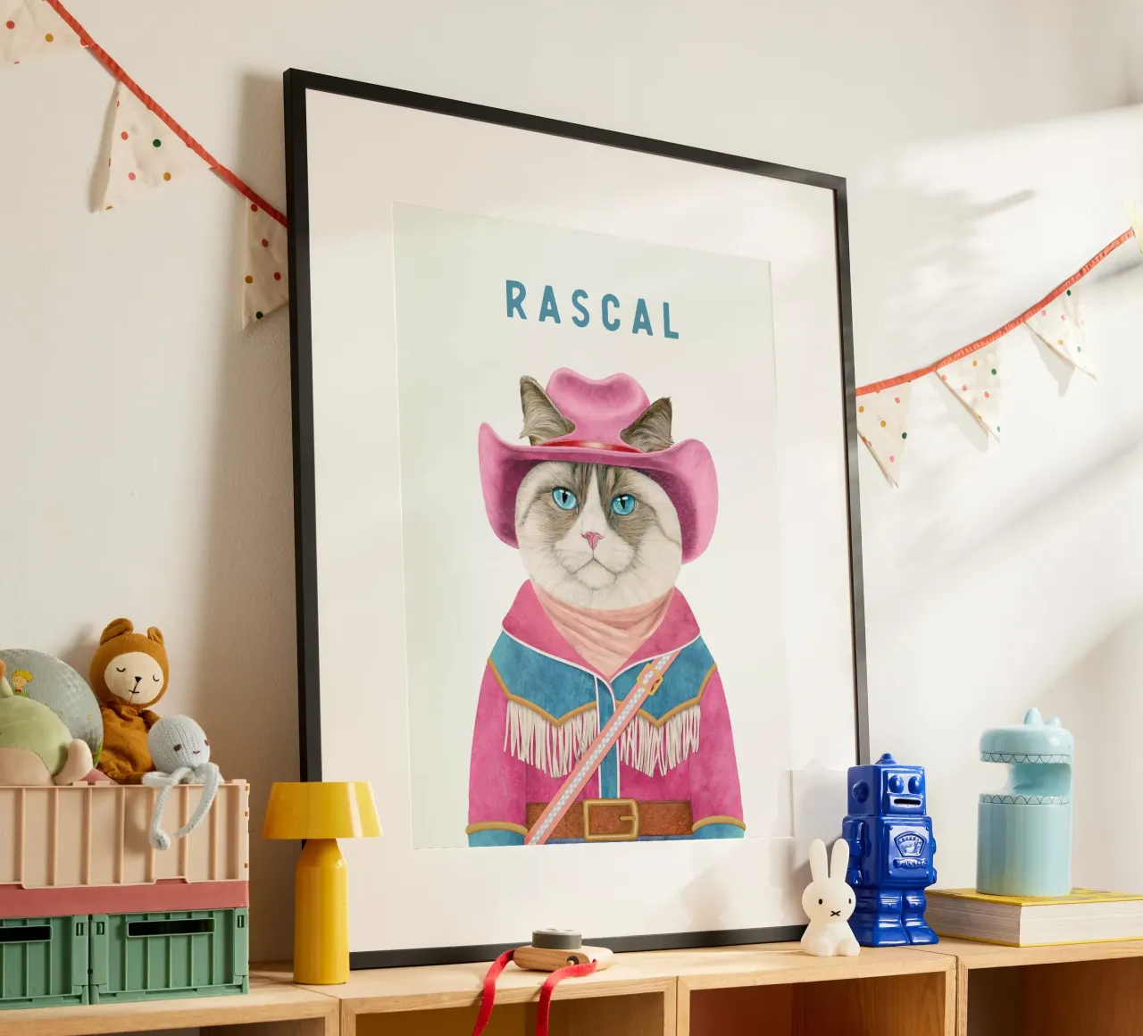 AJOUTER UN NOM - CHAT COWBOY - CHAT RAGDOLL poster avec cadre en bois de Animal Crew